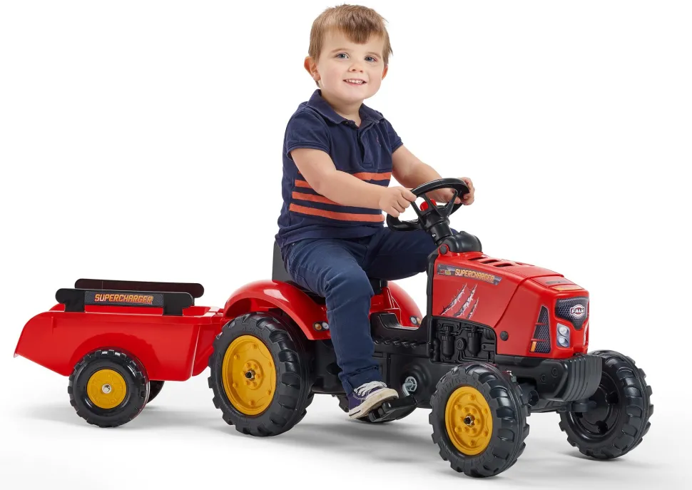 Falk Age 2 - 5, Red Super Charger Pedal Tractor with Opening Bonnet and Trailer 2030AB